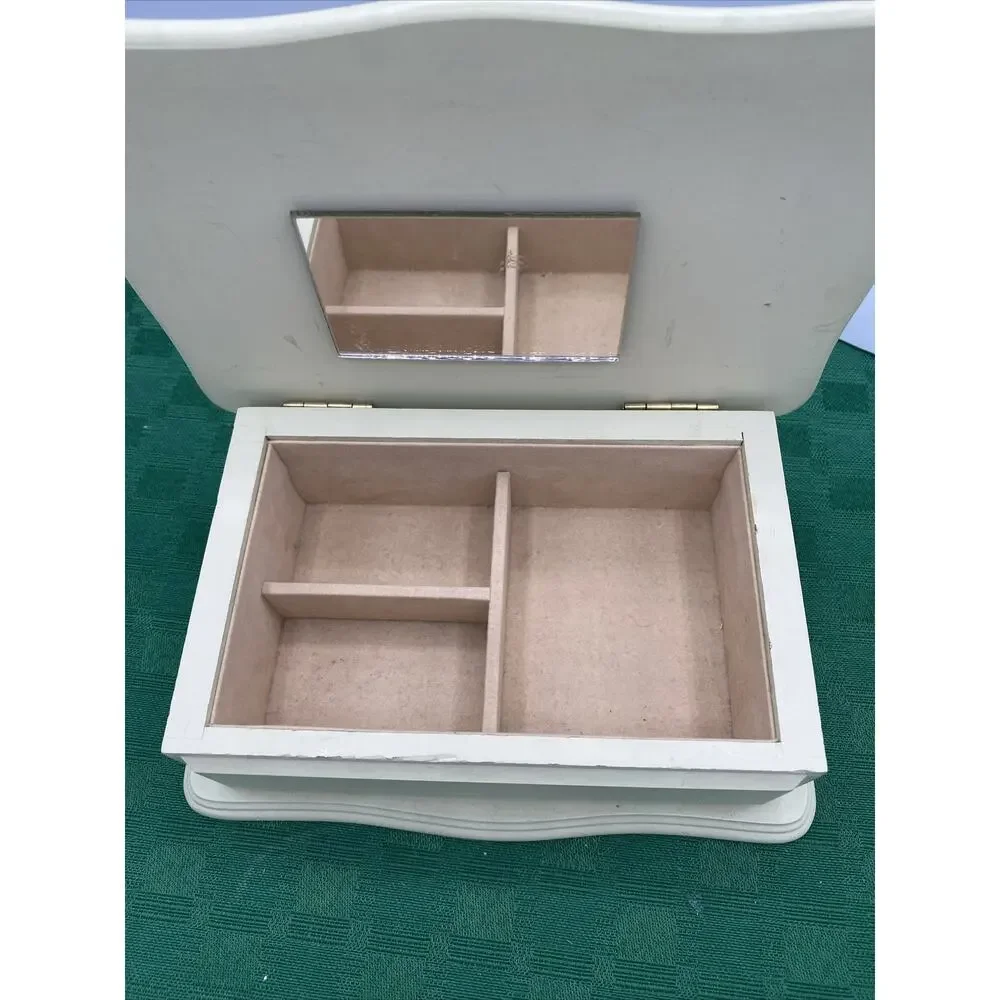 Yellow Wooden Jewelry Box W/Love Ducks On Top/Mirror & 3 Sections 7”x 5”x2.5